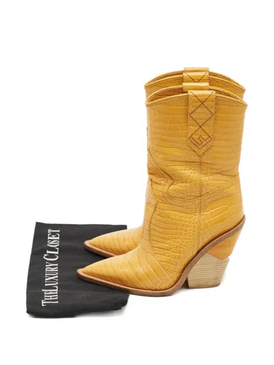Pre-owned Fendi Croc-embossed Leather Cowboy Boots In Yellow