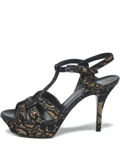 Pre-owned Saint Laurent Tribute Platform Lace Sandals In Black