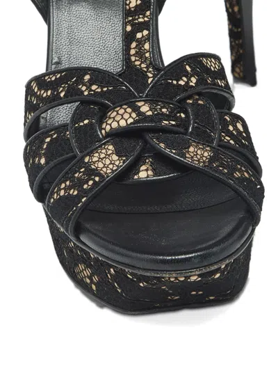 Pre-owned Saint Laurent Tribute Platform Lace Sandals In Black
