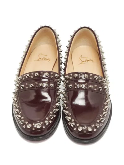 Pre-owned Christian Louboutin Spike-embellished Leather Loafers In Red