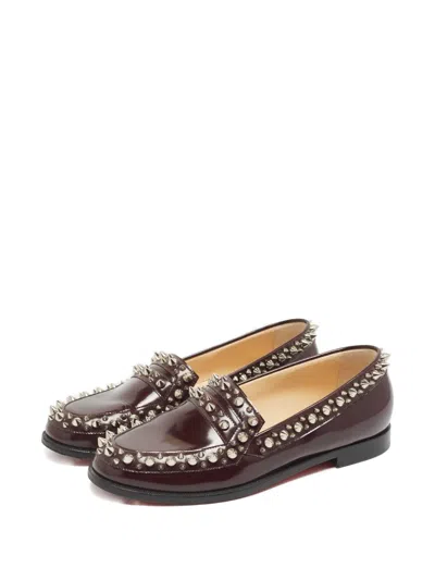 Pre-owned Christian Louboutin Spike-embellished Leather Loafers In Red