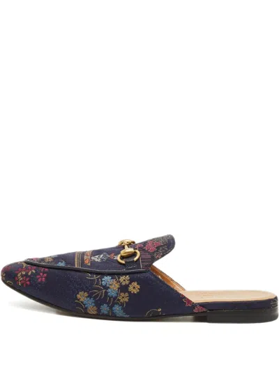 Pre-owned Gucci Brocade Horsebit Mules In Blue
