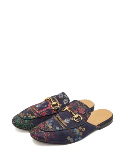 Pre-owned Gucci Brocade Horsebit Mules In Blue