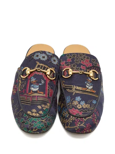 Pre-owned Gucci Brocade Horsebit Mules In Blue