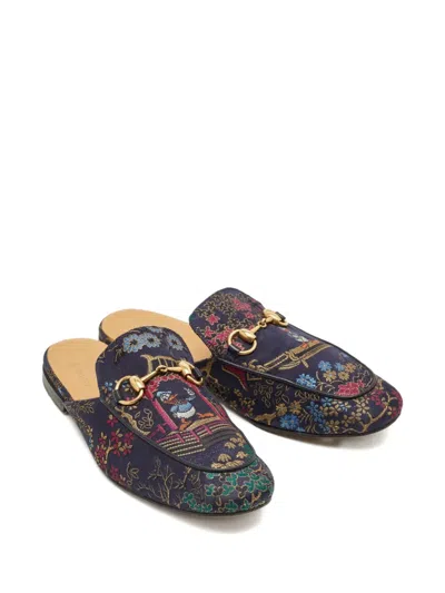 Pre-owned Gucci Brocade Horsebit Mules In Blue