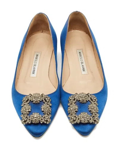 Pre-owned Manolo Blahnik Hangisi Crystal-embellished Ballet Flats In Blue