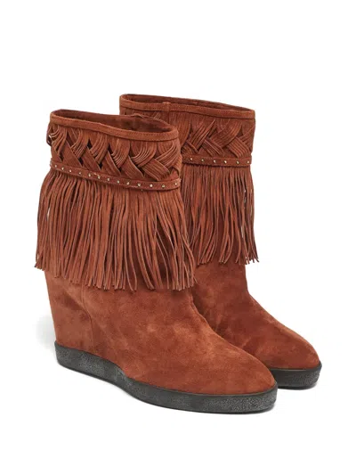 Pre-owned Le Silla Braided Fringed Suede Ankle Boots In Brown