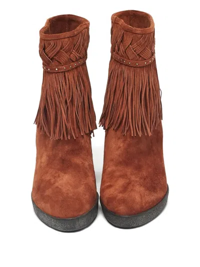 Pre-owned Le Silla Braided Fringed Suede Ankle Boots In Brown