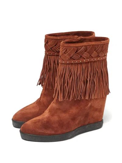 Pre-owned Le Silla Braided Fringed Suede Ankle Boots In Brown