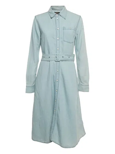 Pre-owned Polo Ralph Lauren Vintage Belted Button-fastening Midi Dress In Blue