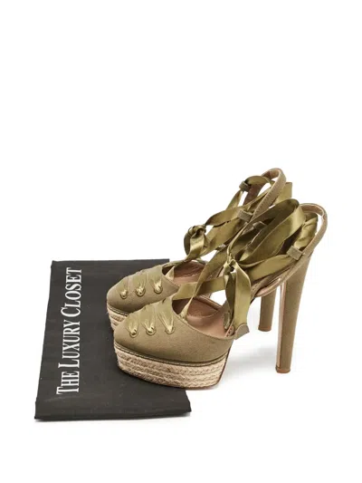 Pre-owned Le Silla 140mm Platform Ribbon Pumps In Green