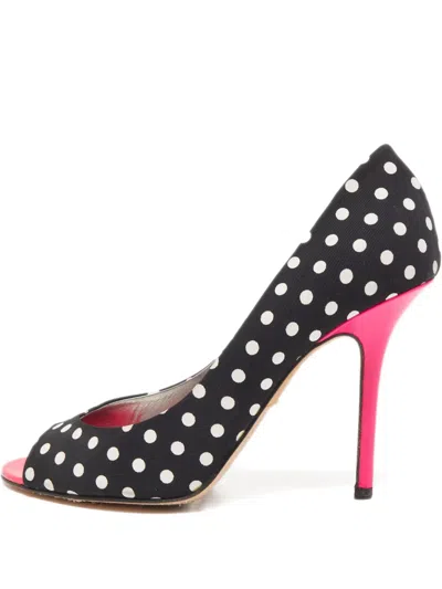 Pre-owned Gina 110mm Polka-dot Peep-toe Pumps In Black
