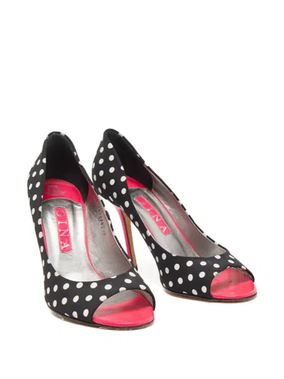 Pre-owned Gina 110mm Polka-dot Peep-toe Pumps In Black