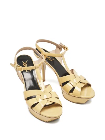 Pre-owned Saint Laurent 145mm Tribute Patent-leather T-strap Platform Shoes In Yellow