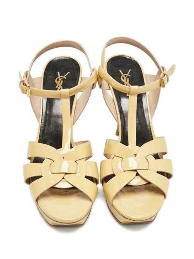 Pre-owned Saint Laurent 145mm Tribute Patent-leather T-strap Platform Shoes In Yellow
