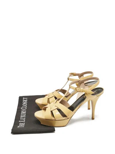 Pre-owned Saint Laurent 145mm Tribute Patent-leather T-strap Platform Shoes In Yellow