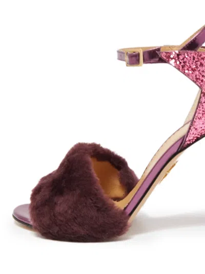 Pre-owned Charlotte Olympia 110mm Fur Glitter Sandals In Purple