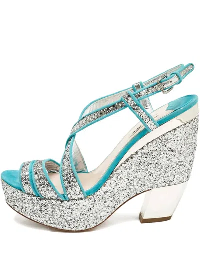 Pre-owned Miu Miu 135mm Glitter Wedge Heeled Sandals In Gray