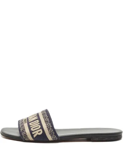 Pre-owned Dior Embroidered Canvas Slides In Blue