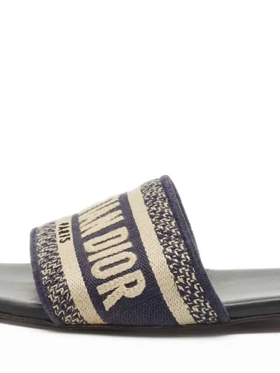 Pre-owned Dior Embroidered Canvas Slides In Blue