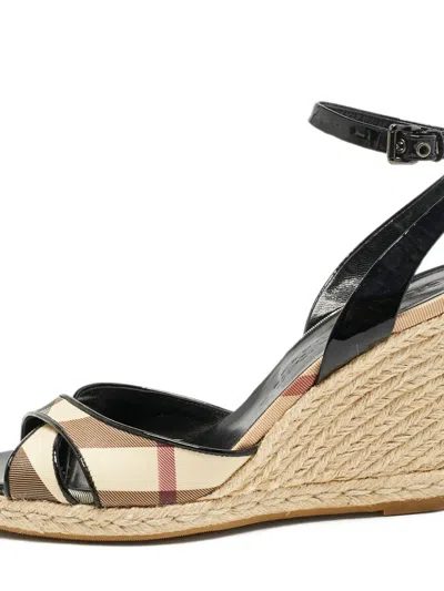 Pre-owned Burberry 105mm  Nova Check-canvas Wedge-heel Sandals In Black