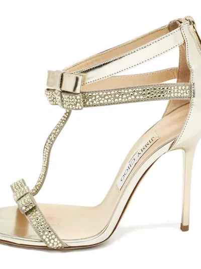 Pre-owned Jimmy Choo 110mm Bow Embellishment Crystal Sandals In Gray