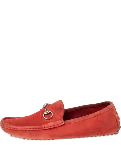 Pre-owned Gucci Suede Horsebit Loafers In Red