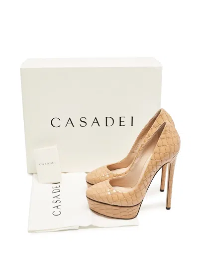 Pre-owned Casadei Vintage 145mm Platform Crocodile Pumps In Neutral