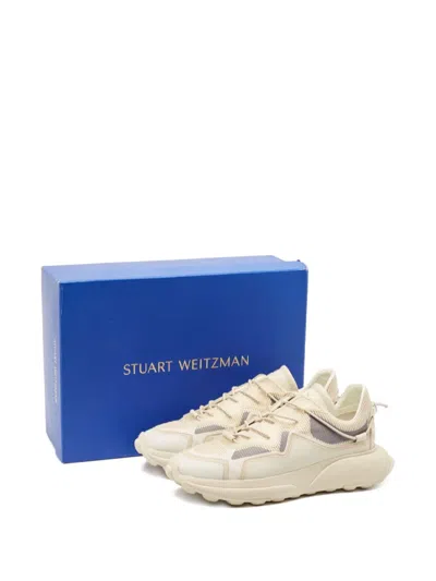 Pre-owned Stuart Weitzman Knit-panel Leather Sneakers In Neutral