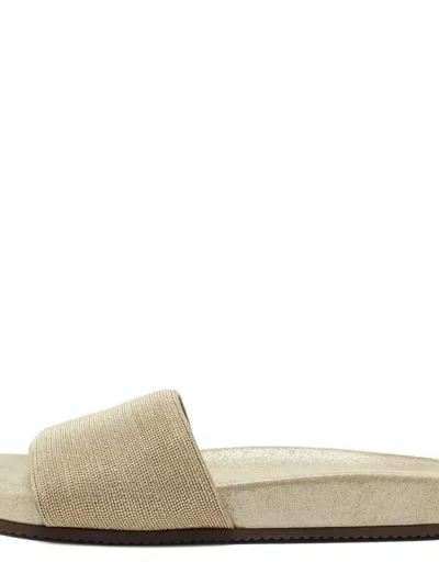 Pre-owned Brunello Cucinelli Vintage Beaded Suede Slides In Gold