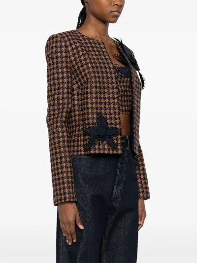 Pre-owned Oscar De La Renta Orchid-embroidered Tweed Jacket In Brown