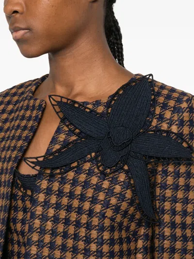 Pre-owned Oscar De La Renta Orchid-embroidered Tweed Jacket In Brown