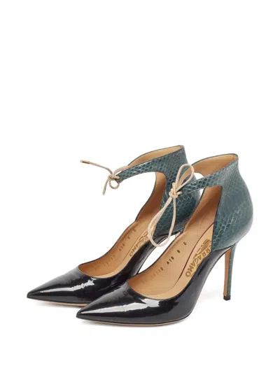 Pre-owned Ferragamo 110mm Snakeskin Patent-leather Heeled Pumps In Black