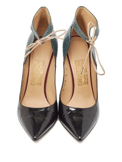 Pre-owned Ferragamo 110mm Snakeskin Patent-leather Heeled Pumps In Black