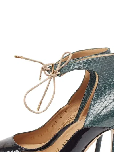 Pre-owned Ferragamo 110mm Snakeskin Patent-leather Heeled Pumps In Black