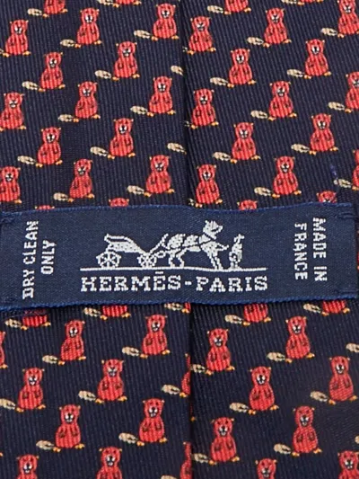 Pre-owned Hermes Silk Seal Fox Print Tie In Blue