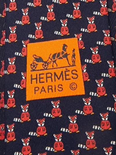 Pre-owned Hermes Silk Seal Fox Print Tie In Blue