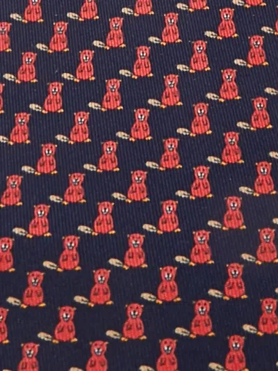 Pre-owned Hermes Silk Seal Fox Print Tie In Blue