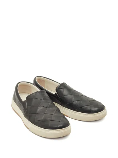 Pre-owned Bottega Veneta Intrecciato-leather Sneakers In Black