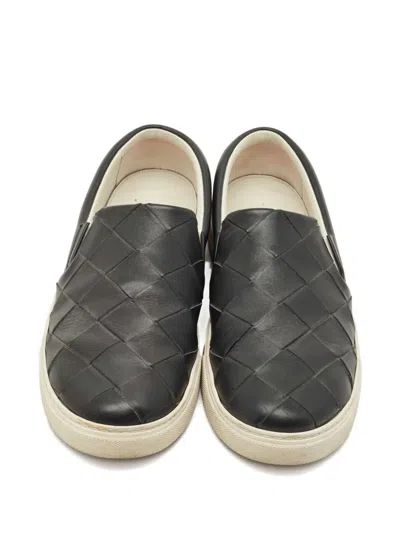 Pre-owned Bottega Veneta Intrecciato-leather Sneakers In Black