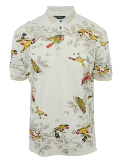 Pre-owned Dolce & Gabbana Bird-print Buttoned Polo Shirt In Gray