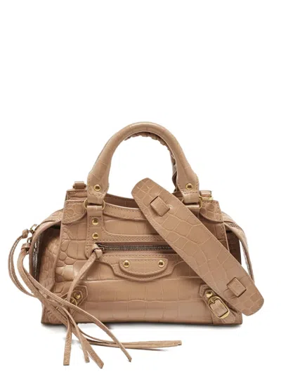 Pre-owned Balenciaga Croc-embossed Braided-handle City Tote Bag In Neutral