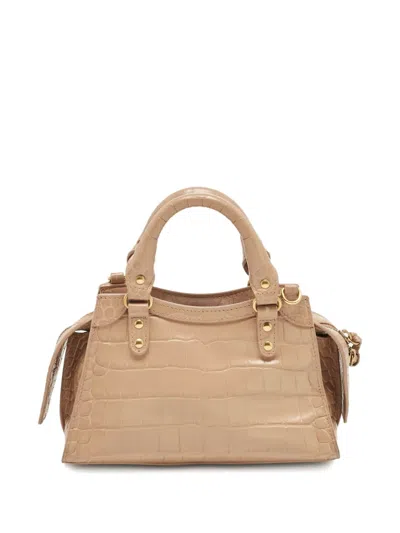 Pre-owned Balenciaga Croc-embossed Braided-handle City Tote Bag In Neutral