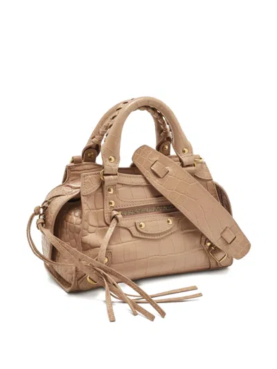 Pre-owned Balenciaga Croc-embossed Braided-handle City Tote Bag In Neutral