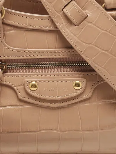 Pre-owned Balenciaga Croc-embossed Braided-handle City Tote Bag In Neutral