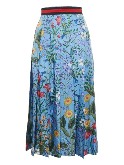 Pre-owned Gucci Floral-print Pleated Midi Skirt In Blue