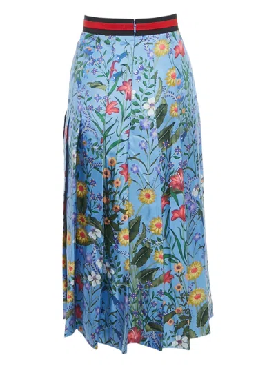 Pre-owned Gucci Floral-print Pleated Midi Skirt In Blue
