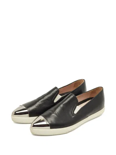 Pre-owned Miu Miu Metallic Cap-toe Leather Slip-on Sneakers In Black