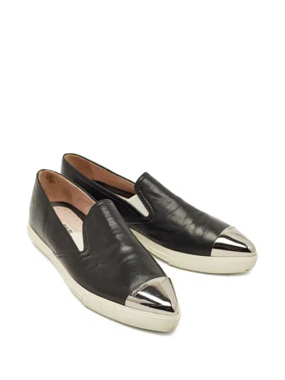 Pre-owned Miu Miu Metallic Cap-toe Leather Slip-on Sneakers In Black
