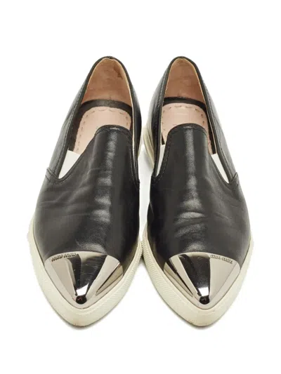 Pre-owned Miu Miu Metallic Cap-toe Leather Slip-on Sneakers In Black
